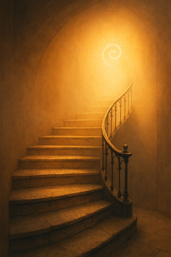 A soft, celestial staircase spiraling upward through mist or stars. Symbolic of ascending awareness or entering inner sanctum. Could be a subtle blend of golds and night blues. Invokes quiet awe.
